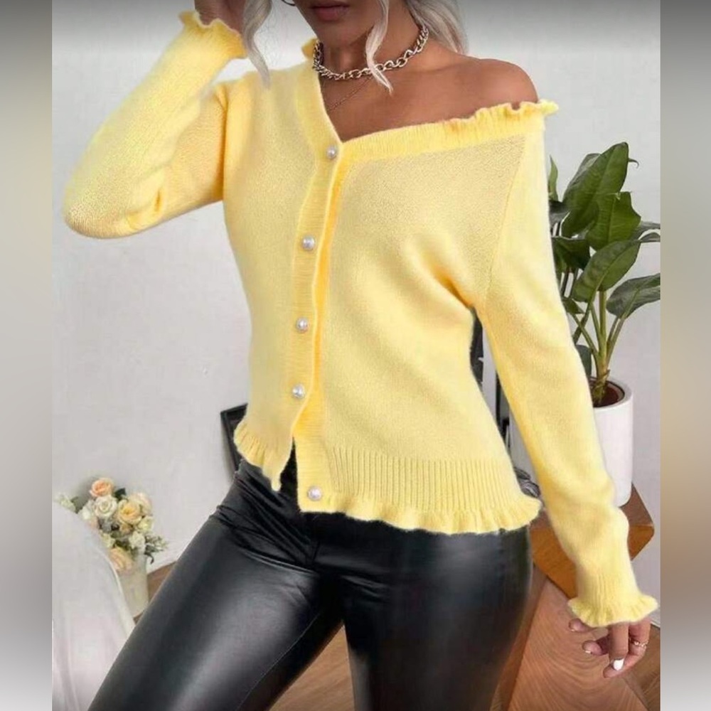 Yellow Ruffled Button-Up Sweater - Picture 4 of 4